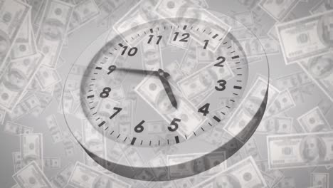 animation of clock and falling dollar bills against gray background