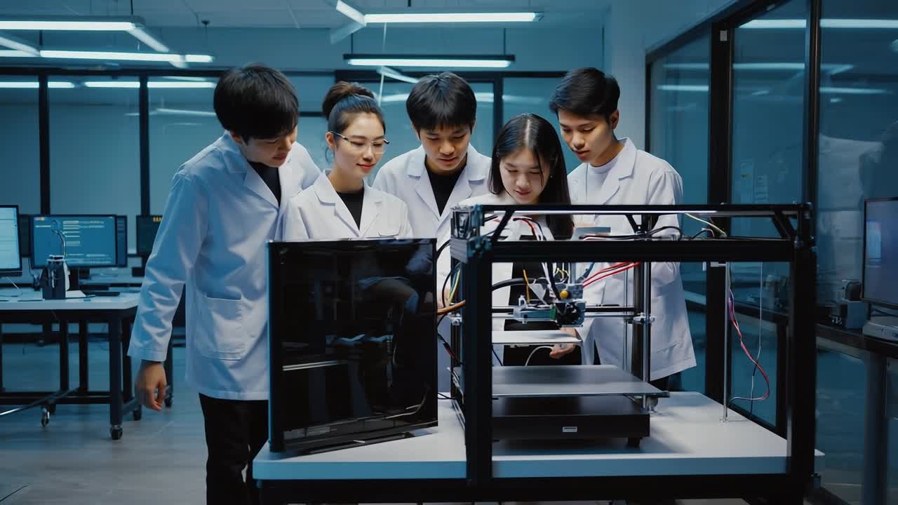 Students team up on 3D print. Five students in lab coats work together to operate a 3D printer in a modern technology lab.