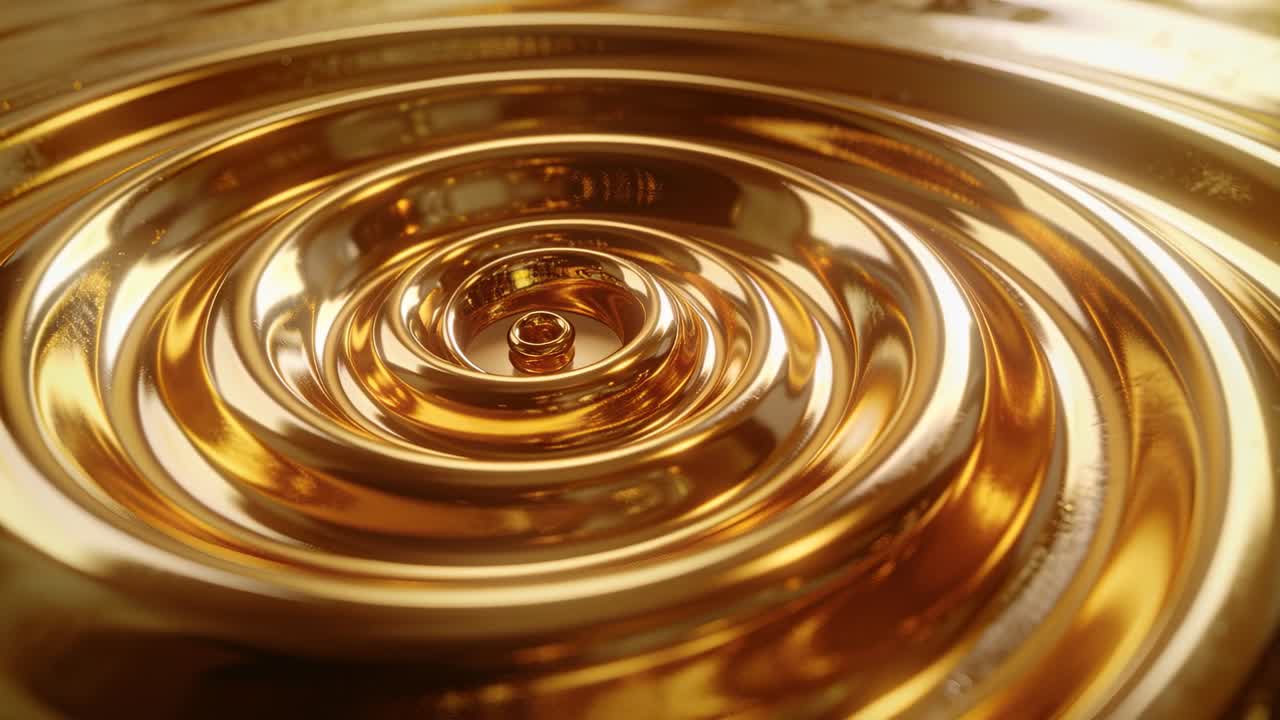 Una goccia che impatta crea increspature e una perla che sale in un primo piano di un bacino dorato, con punti luce in movimento.