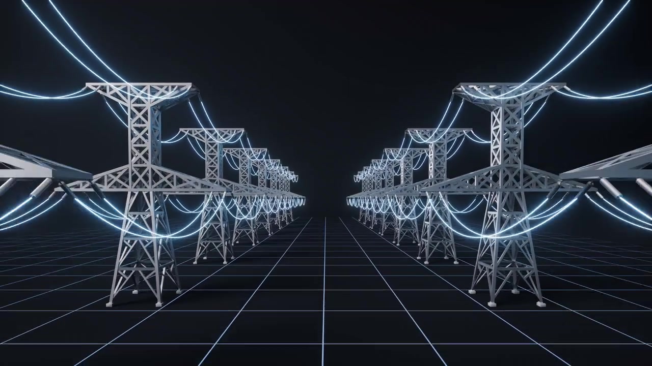 Voimalinjat siirtojohtopylväiden välissä, 3D-renderöinti