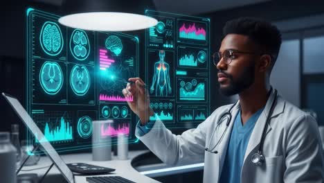a medical professional engages with advanced digital health analytics, analyzing brain scans and patient data in a futuristic healthcare environment