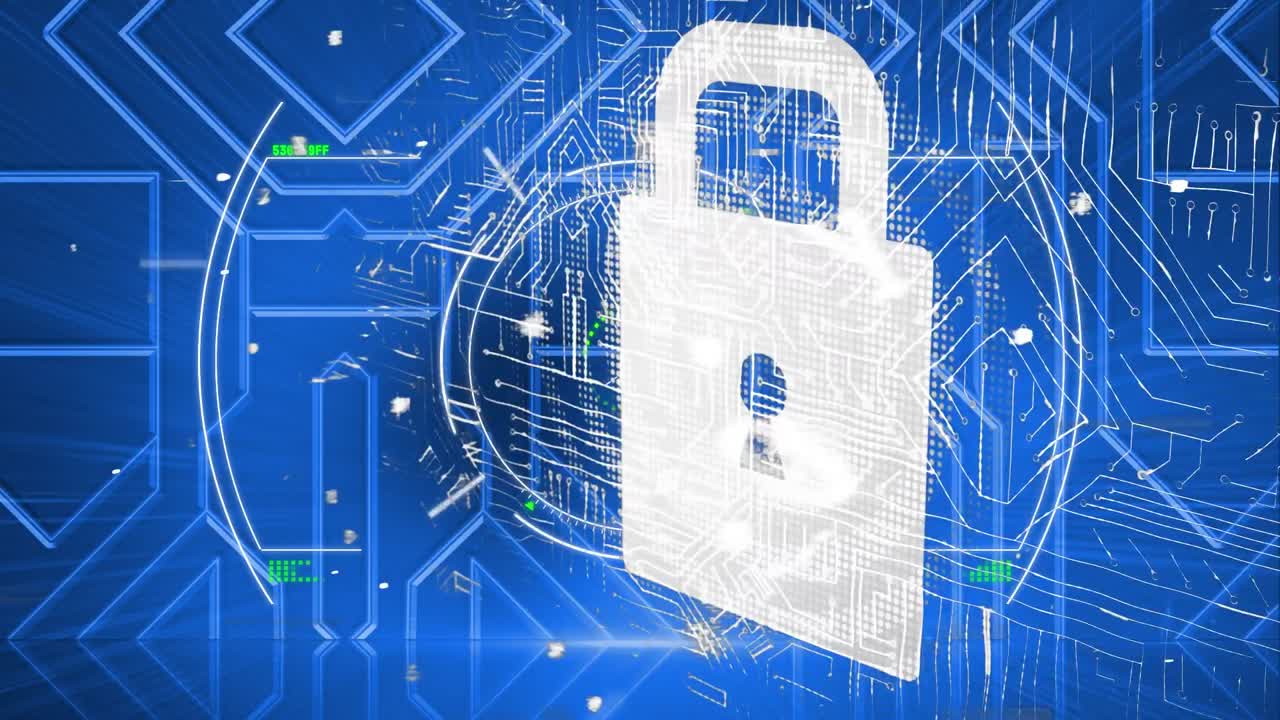 Animazione di scansione radar con lucchetto di sicurezza online e rete di connessioni