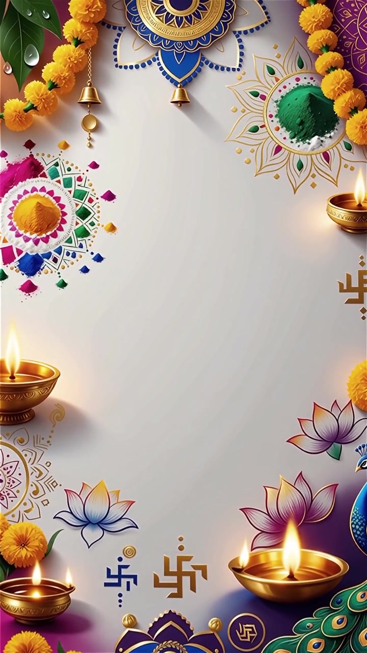 Sfondo Diwali con Diyas luminosi, Rangoli e fiori di loto