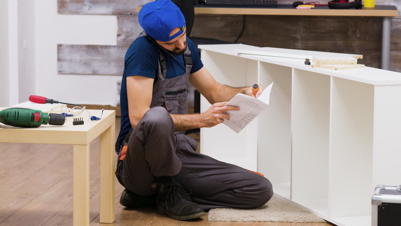 Carpenter assembling furniture while consulting an instruction manual