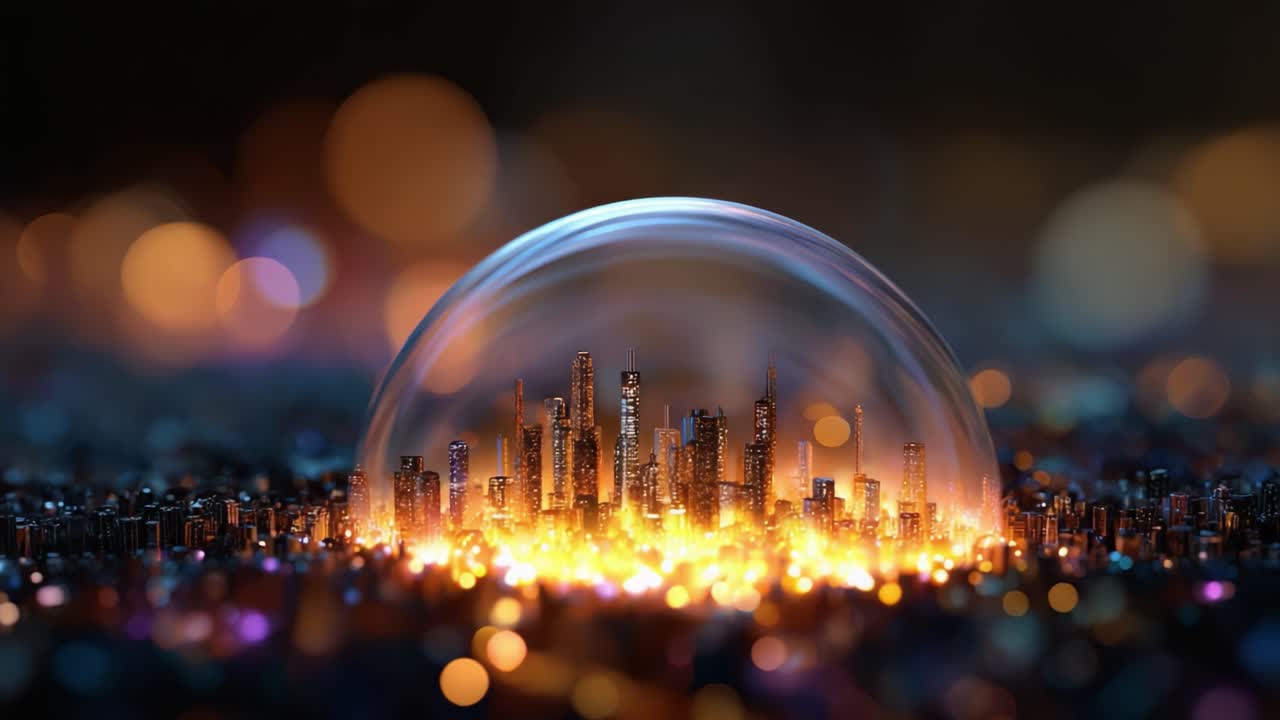 A futuristic city encapsulated within a translucent dome of light, glowing amidst a backdrop of blurred bokeh, showcasing vibrant urban life in an ethereal environment