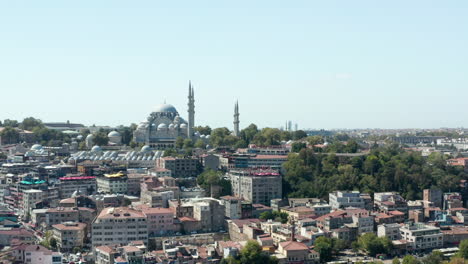 Hermosa-Mezquita-En-Una-Colina-En-Estambul-En-Un-Día-De-Cielo-Azul-Claro-Con-Gaviotas-En-El-Marco,-Vista-Aérea-Deslice-Hacia-La-Derecha