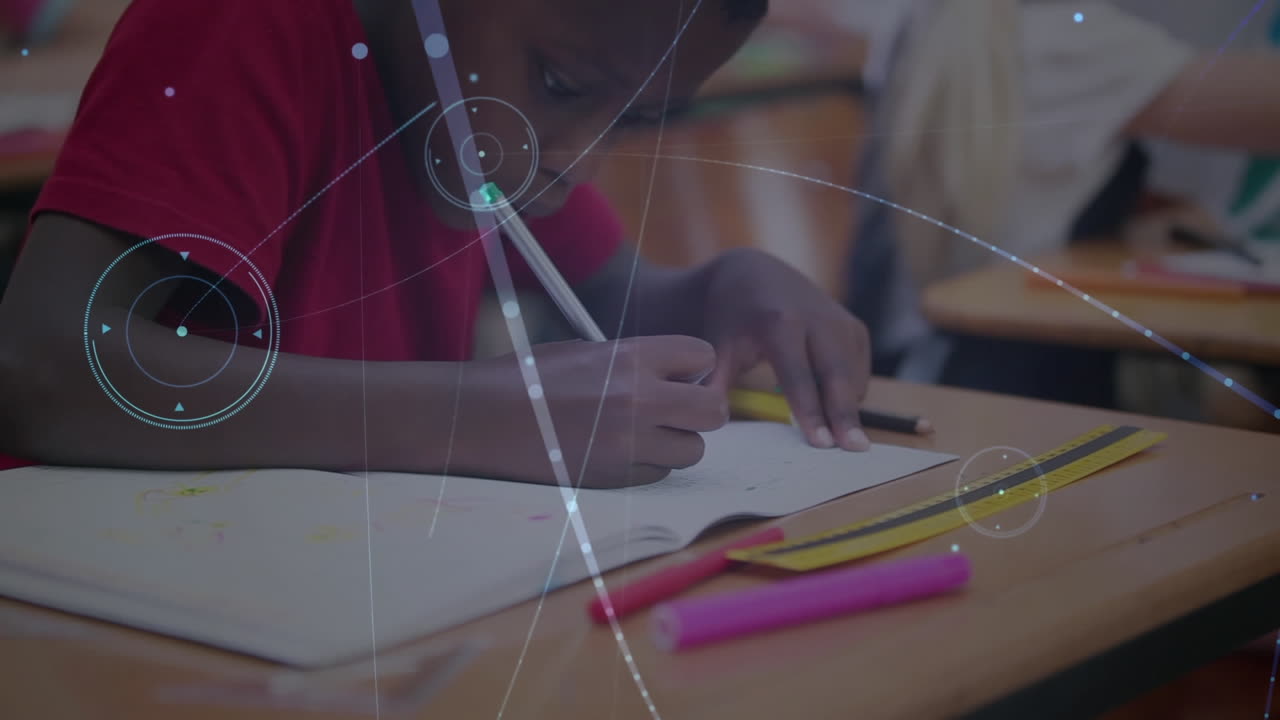 Animation of network of connections over schoolboy writing