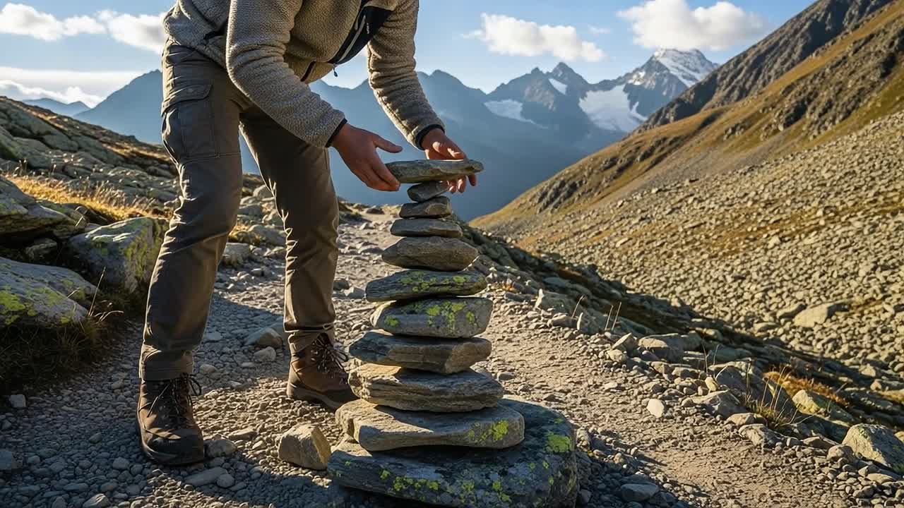 A serene moment of balance and concentration as a hiker places the final stone on a carefully constructed rock tower amidst stunning mountain scenery