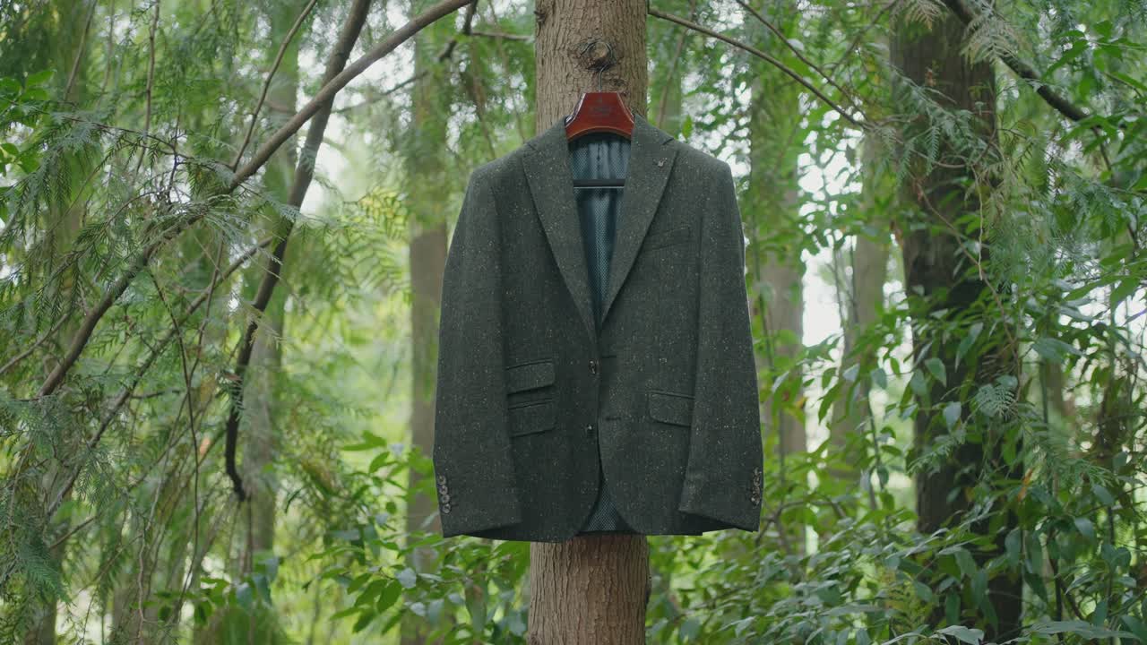 Giacca da completo scura su gruccia attaccata a un tronco d'albero all'aperto.