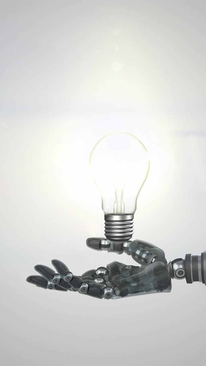 Animazione di una lampadina illuminata sulla mano di un braccio robotico, con luce blu su sfondo grigio.