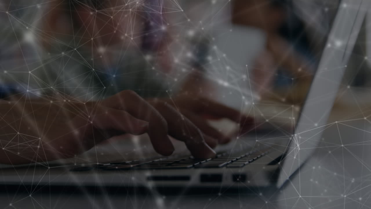 Animation of kids using laptops over a web of connected dots in the background