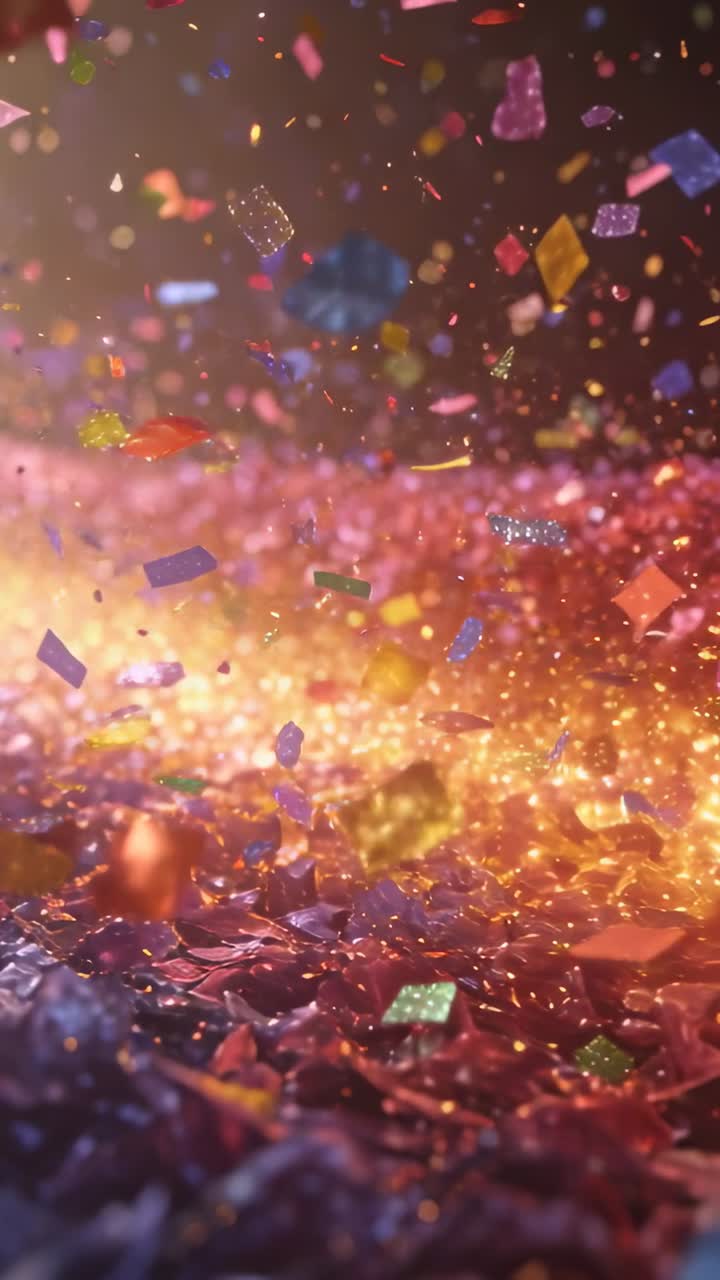 Vertical video: Dense metallic confetti and glitter lifting after air blast, sparkling in studio