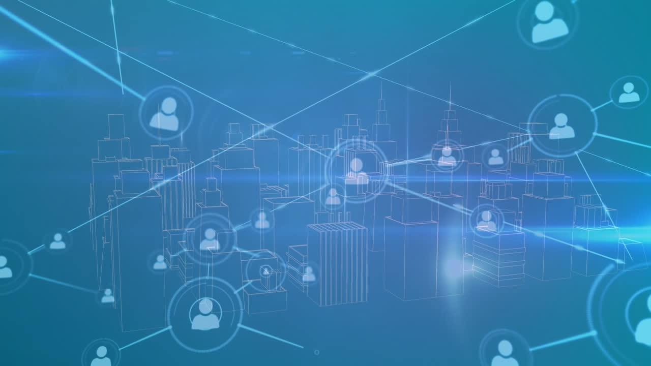 プロフィールとライトトレイルのネットワークのアニメーションは青い背景の3d都市モデルを回転させます