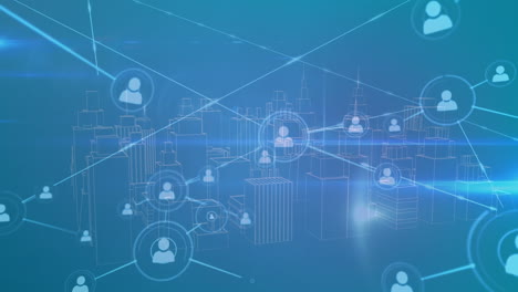 animation of network of profiles and light trails over spinning 3d city model on blue background