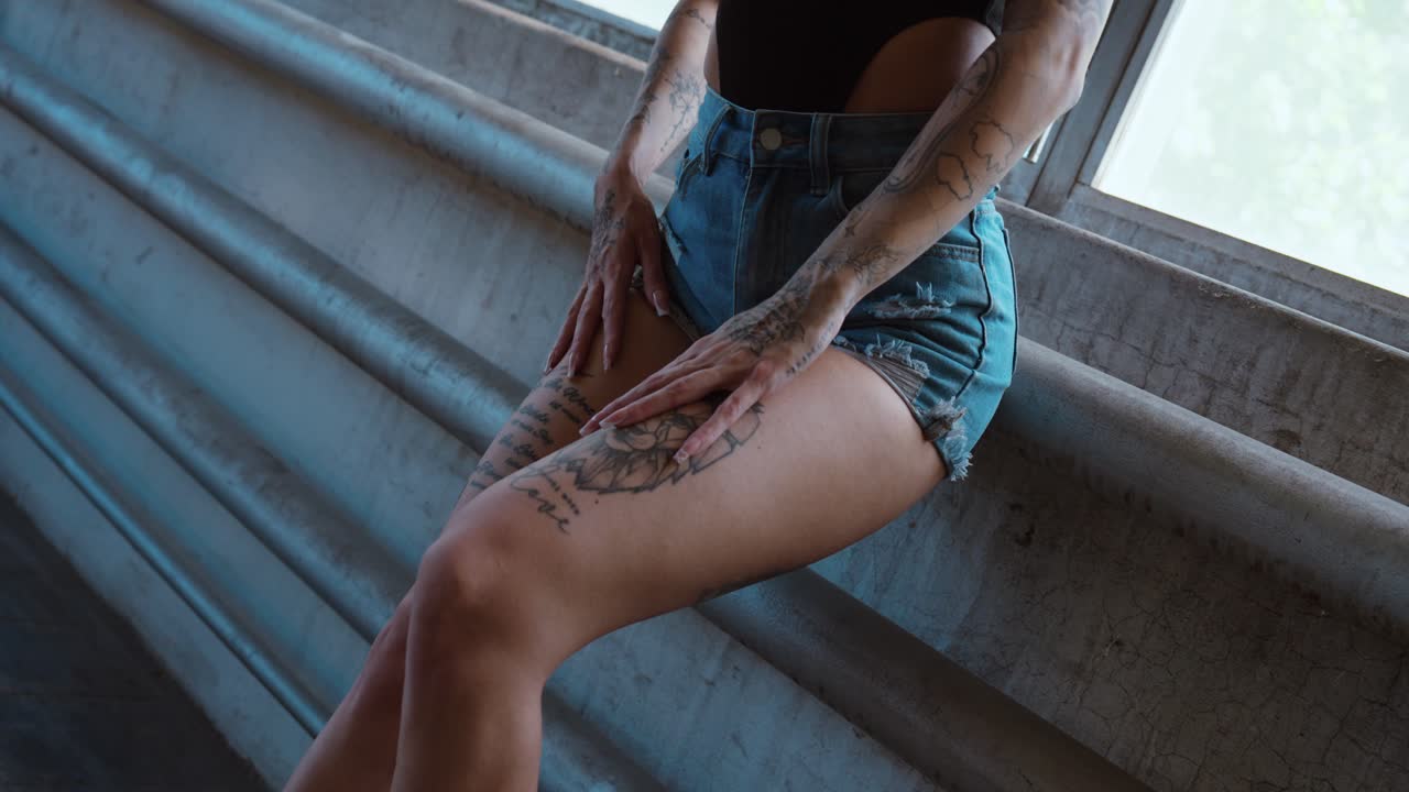 Tattooed woman gently touching thigh while sitting in natural light – close-up shot, slow motion