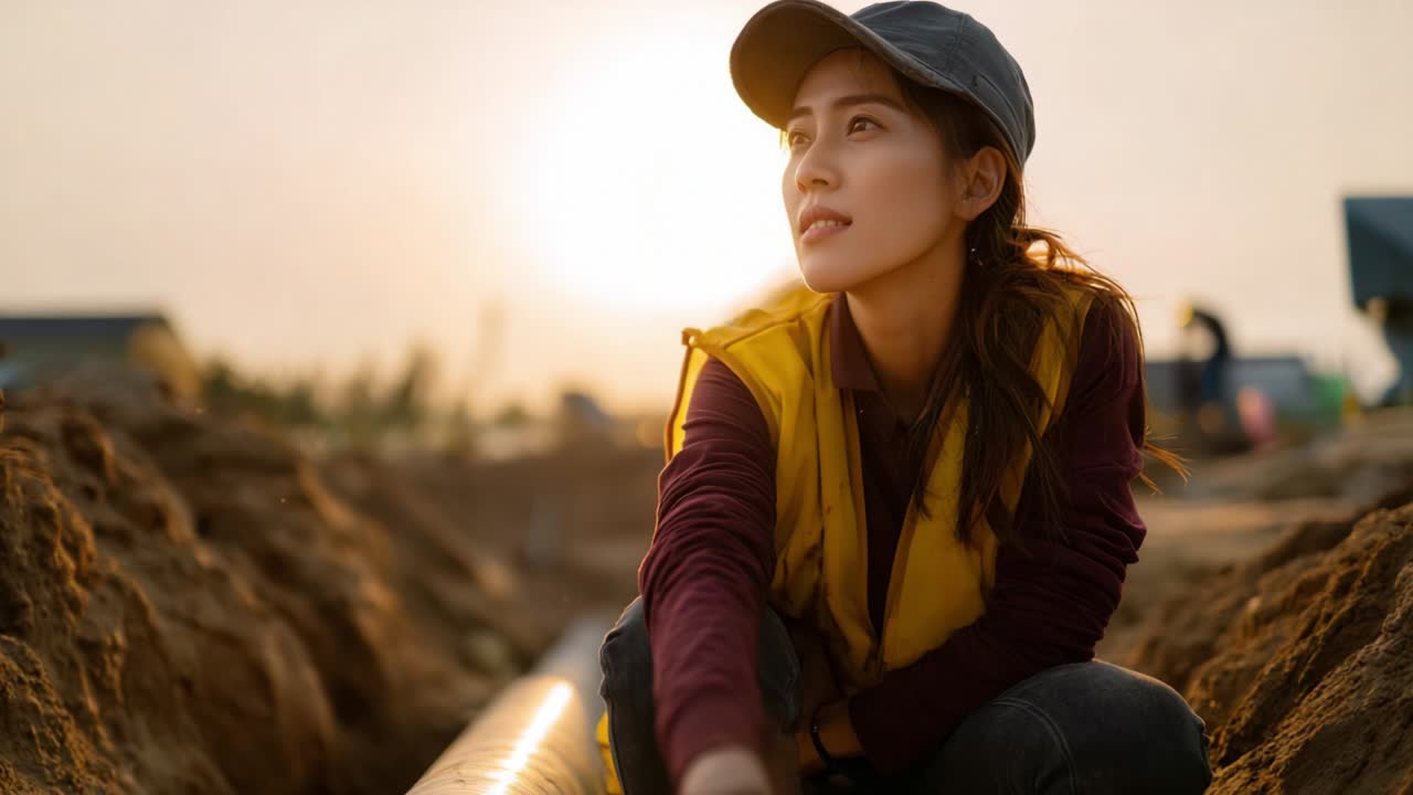 A Construction Worker Ponders at Sunset, Reflecting on the Day's Achievements and Challenges While Surrounded by Earth, Machinery, and Colleagues on a Busy Job Site in an Inspiring Landscape