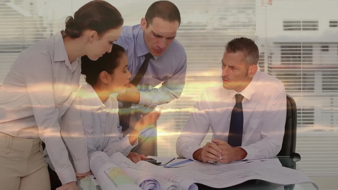 Discussing architectural plans, business team with sunset animation overlay in office