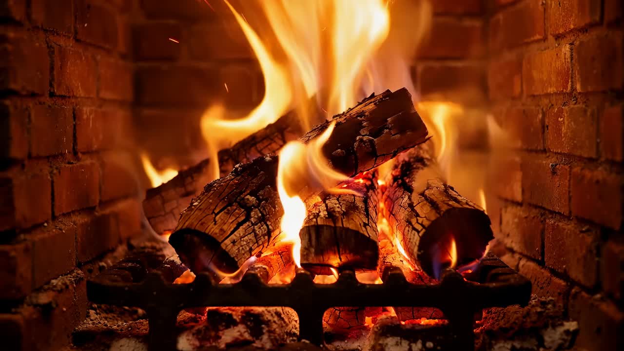 Troncos de madera dura apilados ardiendo que envían brasas y chispas sobre la parrilla en el hogar de ladrillo, impulsados por el calor