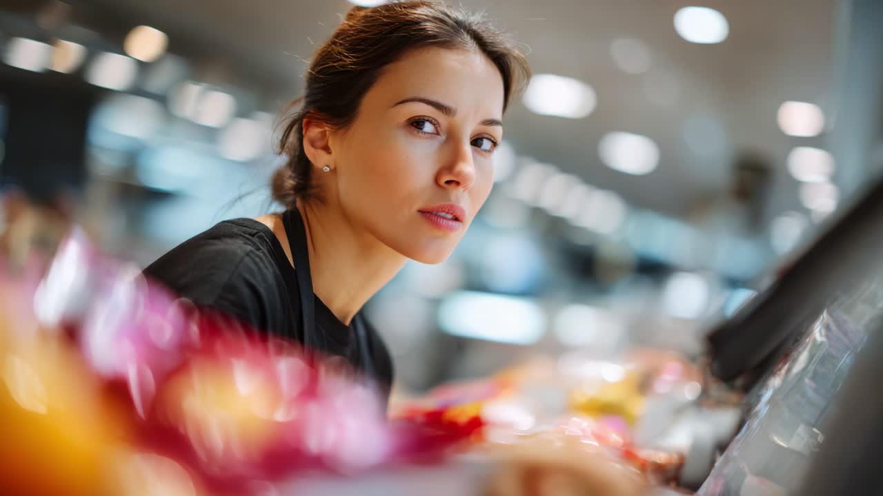 A focused woman in a modern retail environment, examining items while demonstrating a keen sense of attention, illustrating the dynamics of shopping in a contemporary store atmosphere