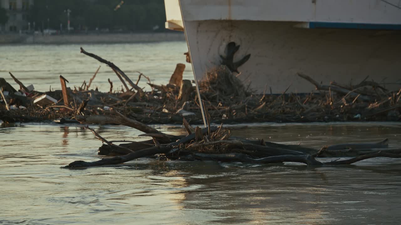 Debris and branches collected near the hull of a boat in the water, Budapest, Hungary