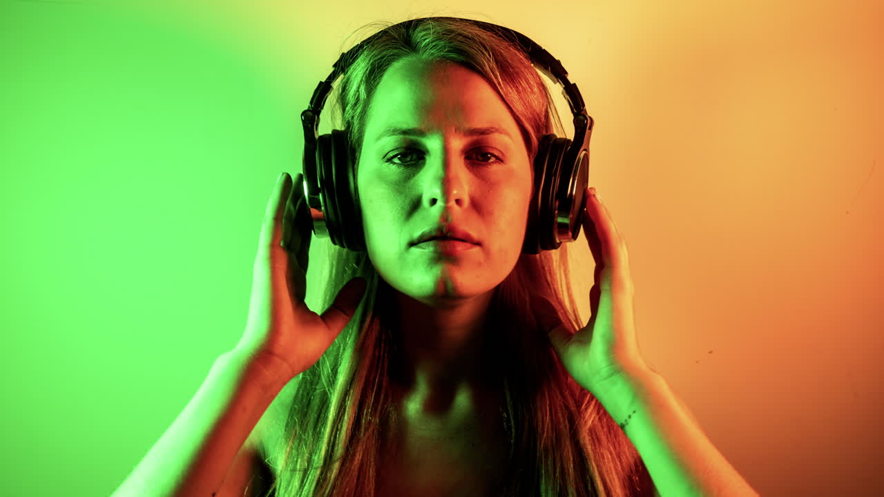 cool female dancer with changing retro headphones to listen to music