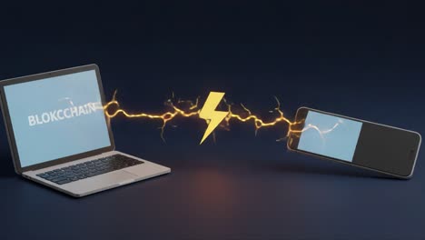 an electrifying connection: energy flowing between a laptop and smartphone representing the power of blockchain technology and digital interaction