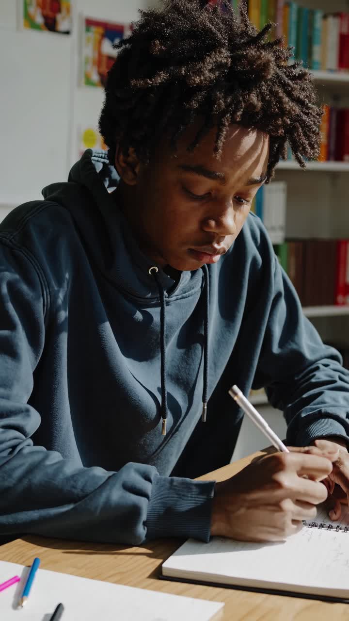 A focused student writes in a sunlit classroom, capturing a serene study atmosphere