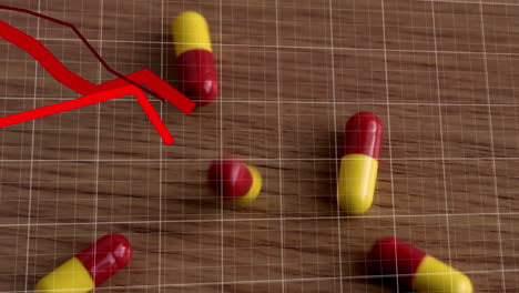 animación de diagramas flotantes sobre pastillas rojas y amarillas que caen sobre una mesa