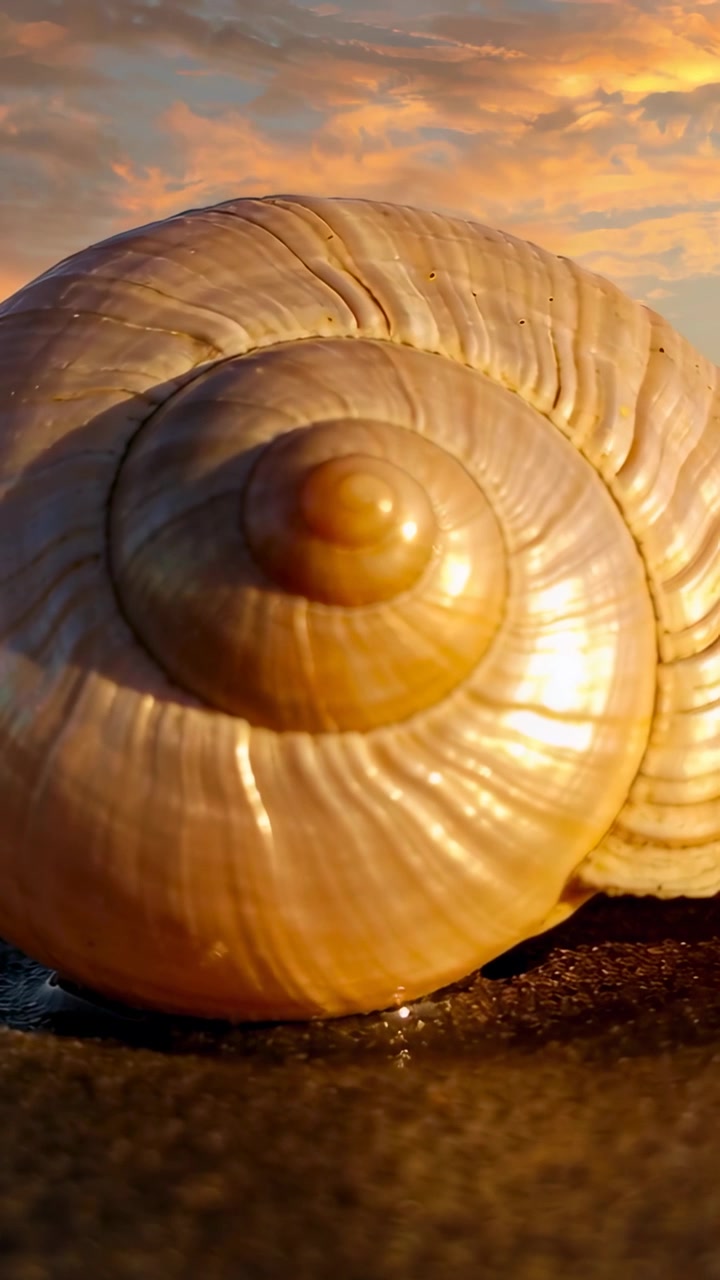 Vertical video: Sliding camera to spiral shell on wet sand at dusk, studying surface and glints