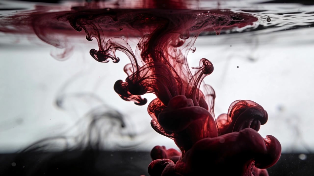 Releasing concentrated burgundy dye, drop forming descending plume in glass tank to show mixing