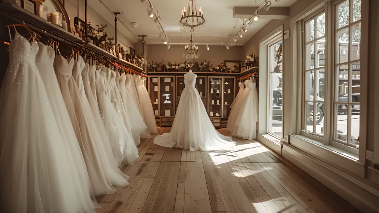 Elegant Bridal Boutique Interior with Wedding Dresses