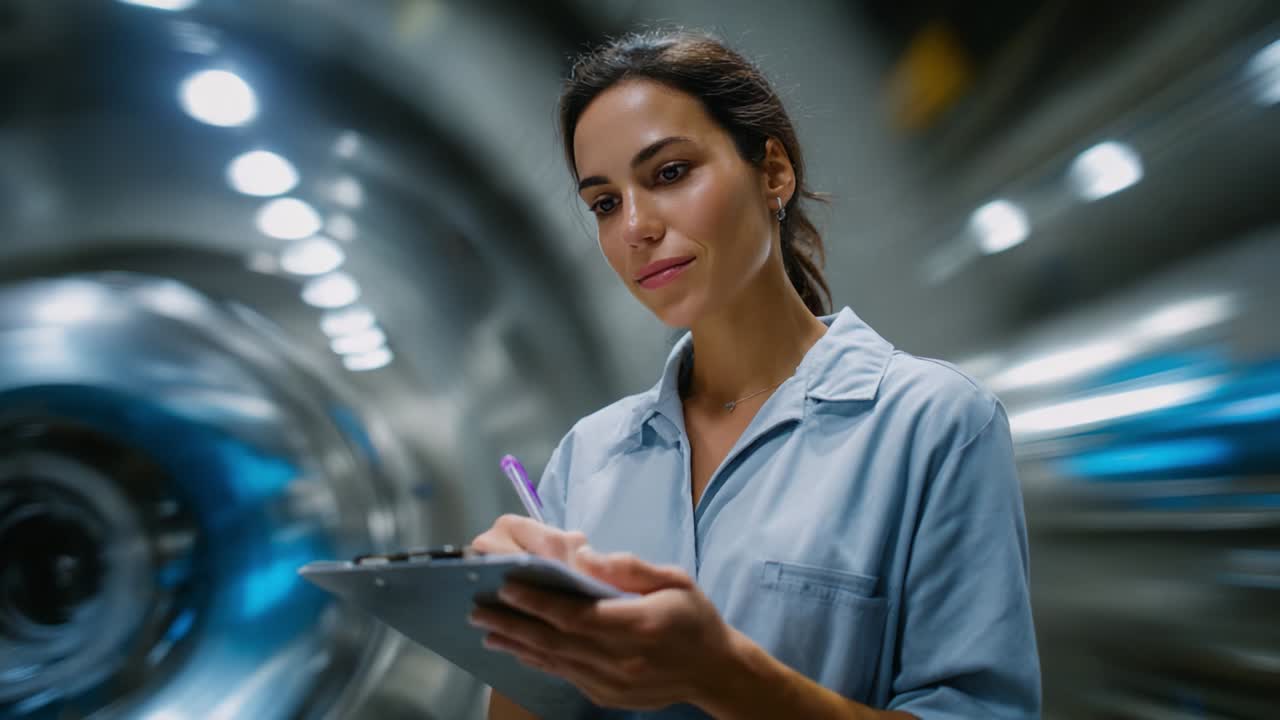 A focused woman in a lab coat writes meticulously on a clipboard, surrounded by advanced technology and machinery that creates a dynamic backdrop, showcasing her dedication and professionalism in a scientific environment
