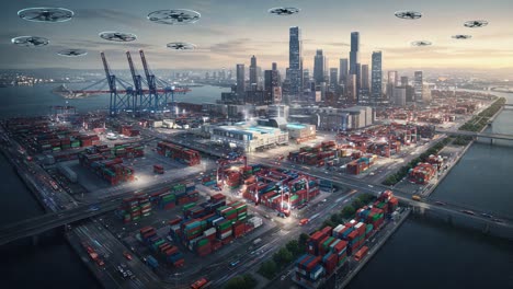 aerial view of a modern port city featuring drone activity above a vibrant container terminal and towering skyscrapers at dusk