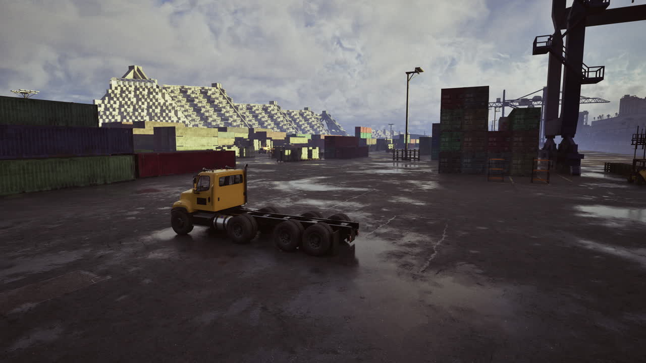 Container yard with yellow truck at industrial site during cloudy weather