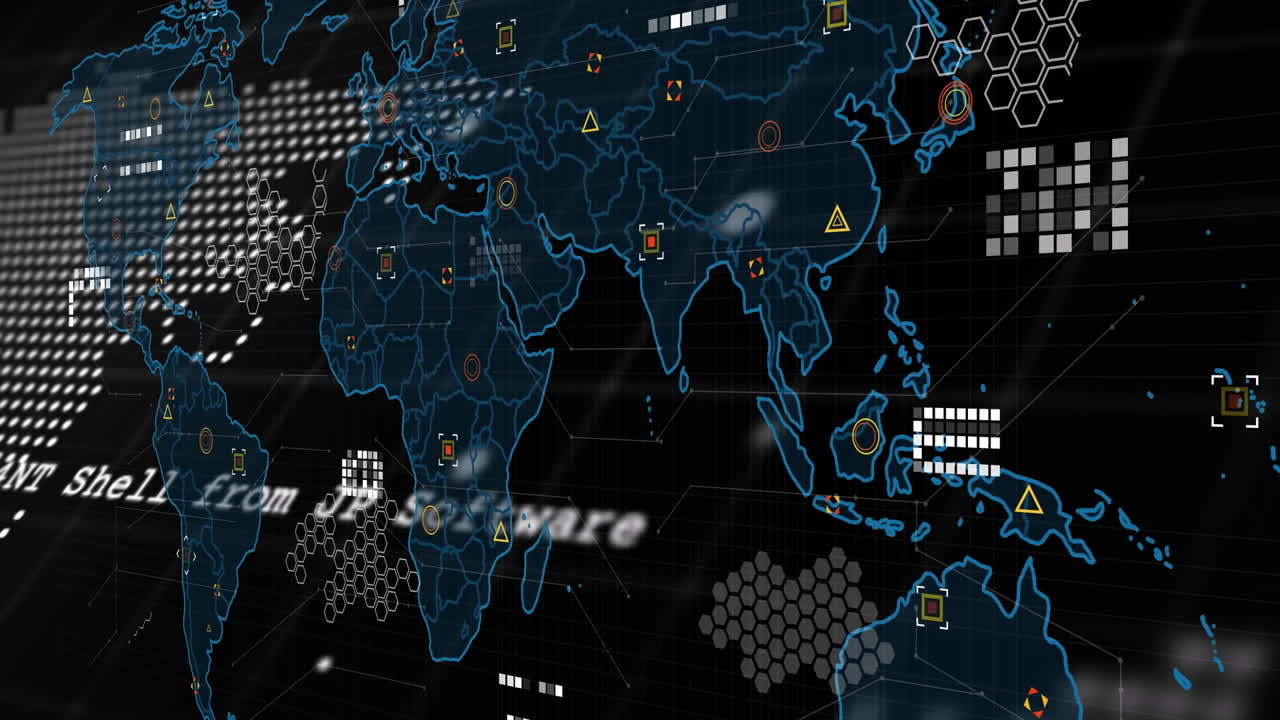 Animation of data processing with world map on black background