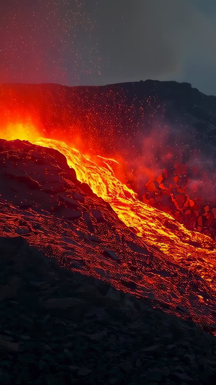 Video verticale: lava incandescente che scorre da una bocca eruttiva lungo il pendio, proiettando scintille e cenere dopo l'eruzione