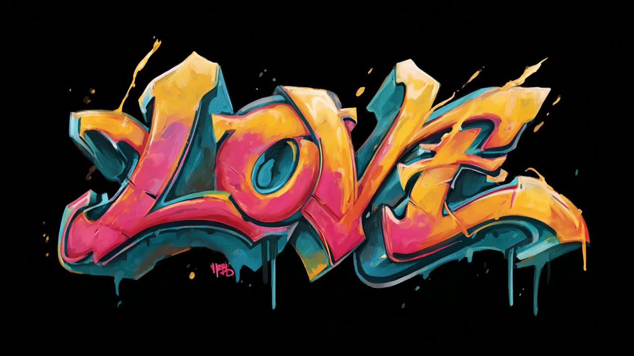 A Bold and Colorful Graffiti Artwork Featuring the Word 'LOVE' in Vibrant Shades of Pink, Yellow, and Blue Set Against a Dark Background, Capturing Urban Culture and Artistic Expression