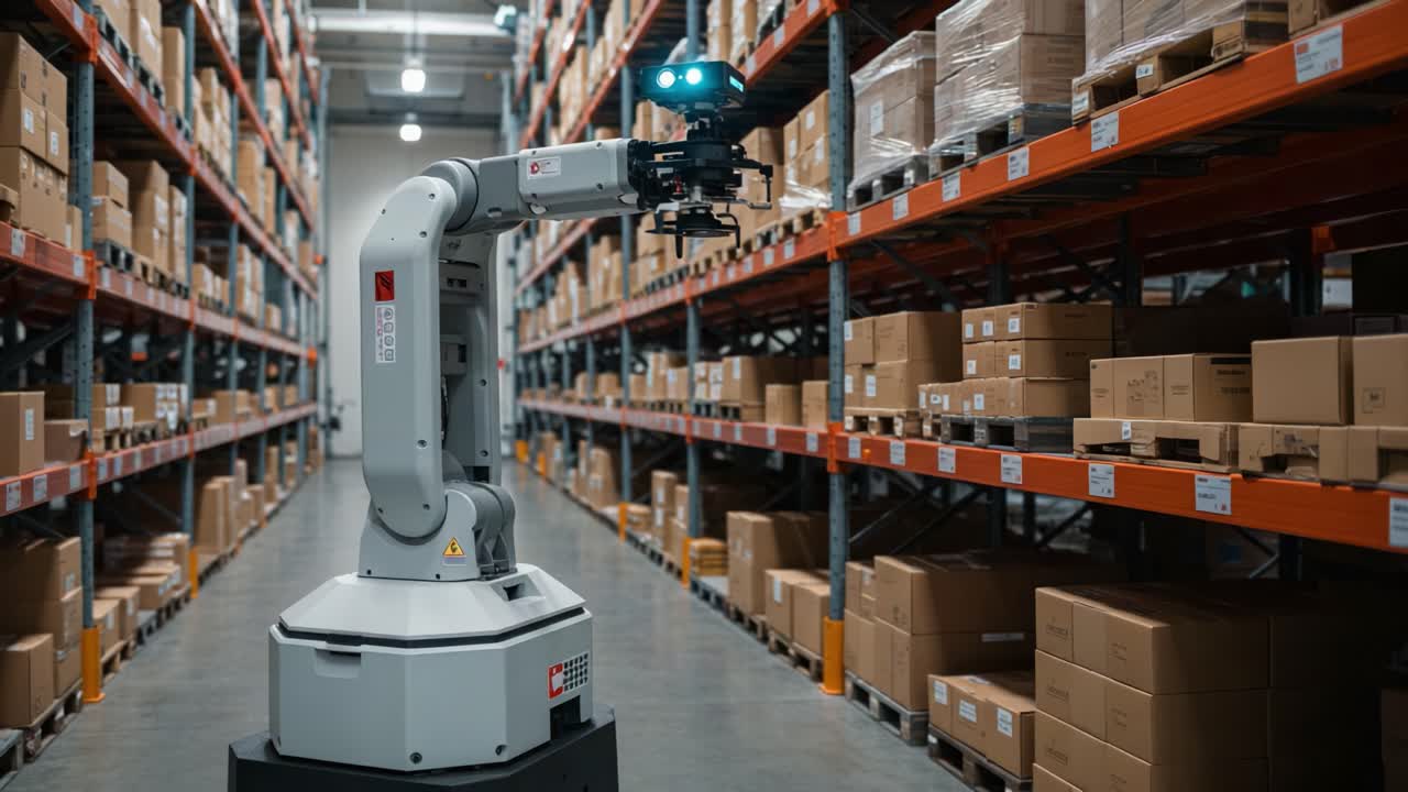Automated Robotics in Warehousing: A Cutting-Edge Robot Navigating Shelves Filled with Boxes, Showcasing Future Logistics and Inventory Management Solutions