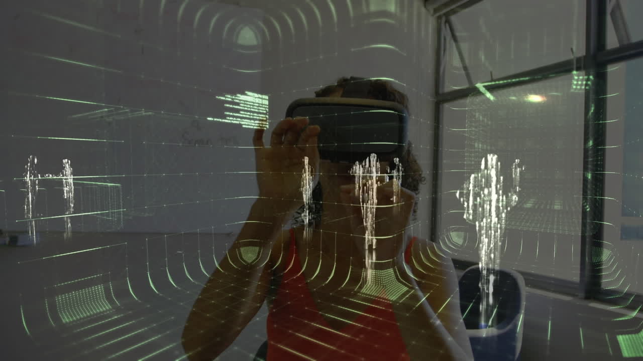 animación del procesamiento de datos sobre una mujer que usa auriculares vr