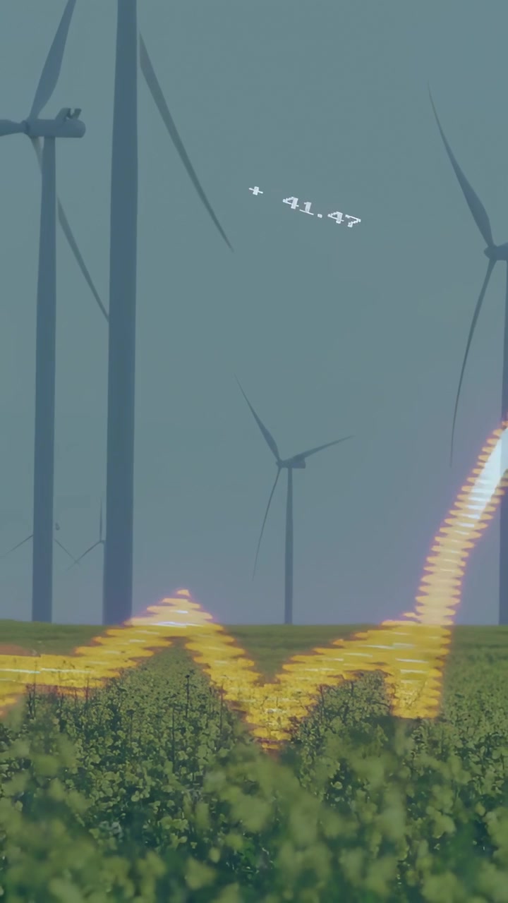 Turbine che ruotano sulla pianura mentre etichette a forma d'onda si aggiornano, bagliore di calore che si innalza per i dati sul vento