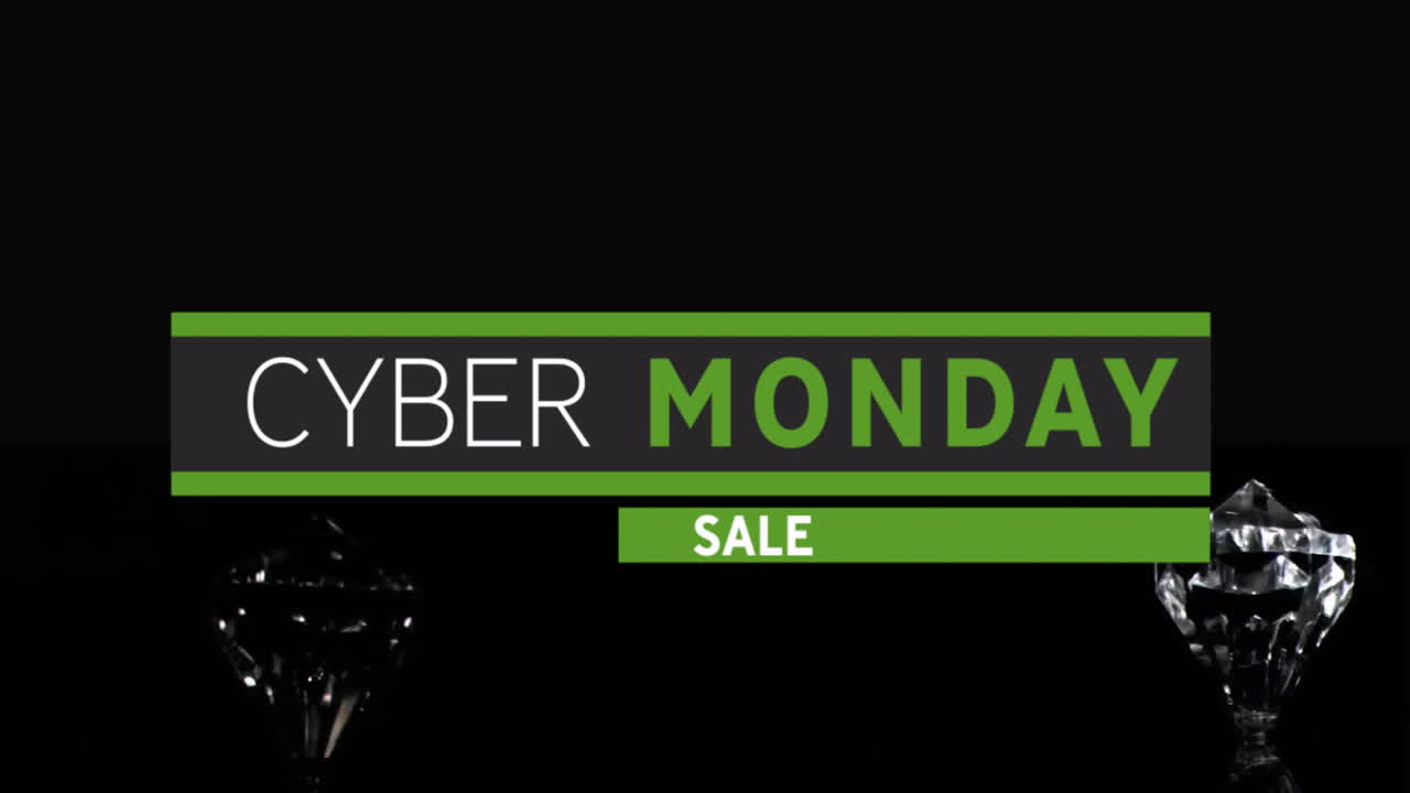 Cyber Monday sale animation over black background with diamond graphics