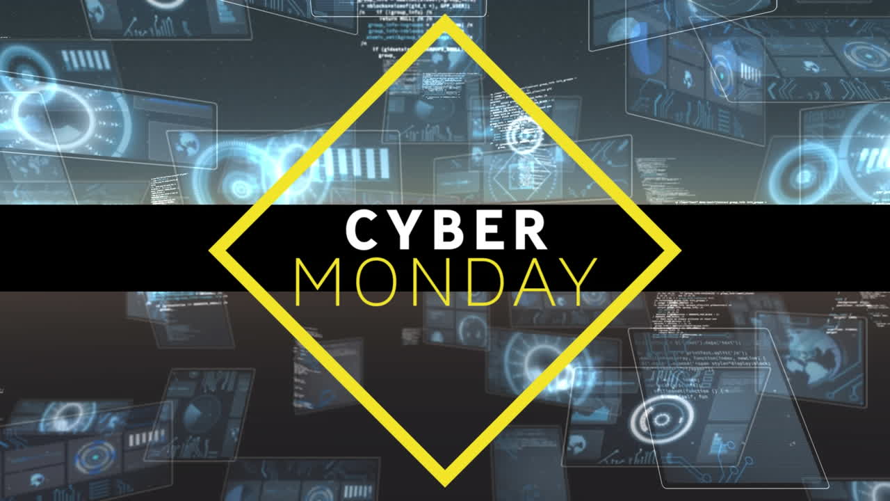 Digital animation of cyber monday text banner against multiple round scanners and data processing