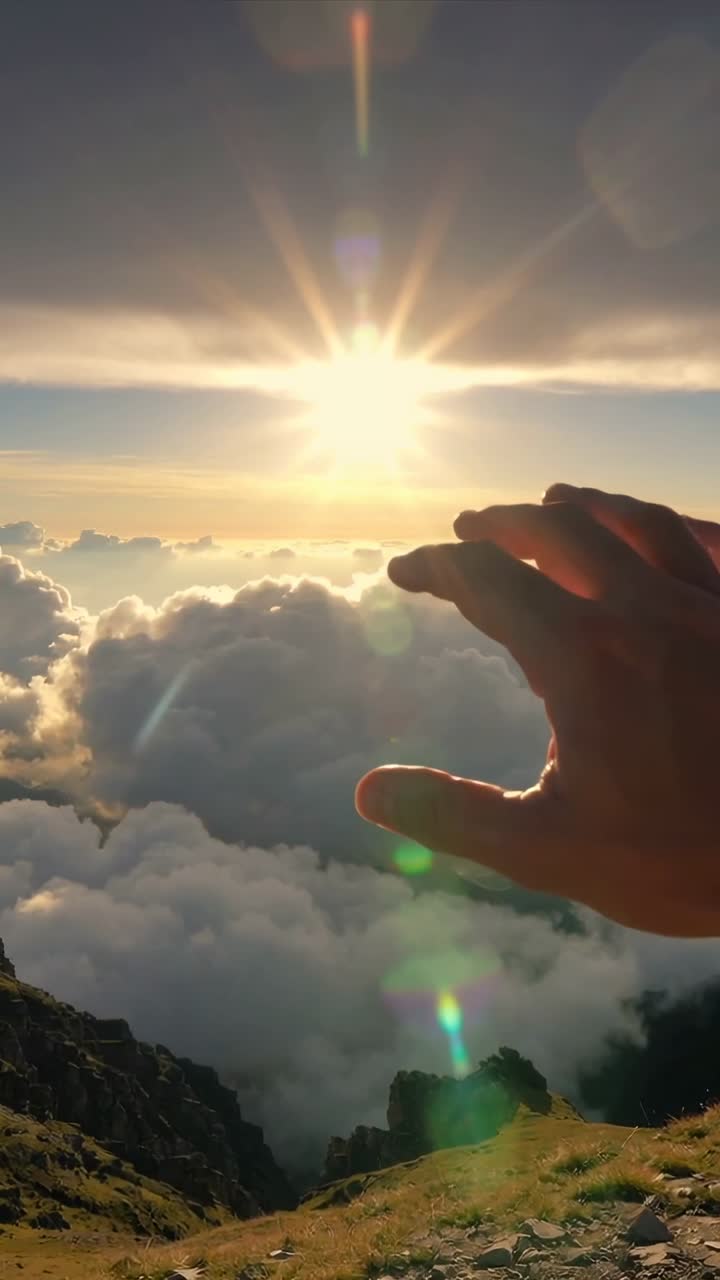 Video verticale: Mano o braccio in manica scura che si estende per centrare il sole su una cresta sopra le nuvole, inseguendo un raggio