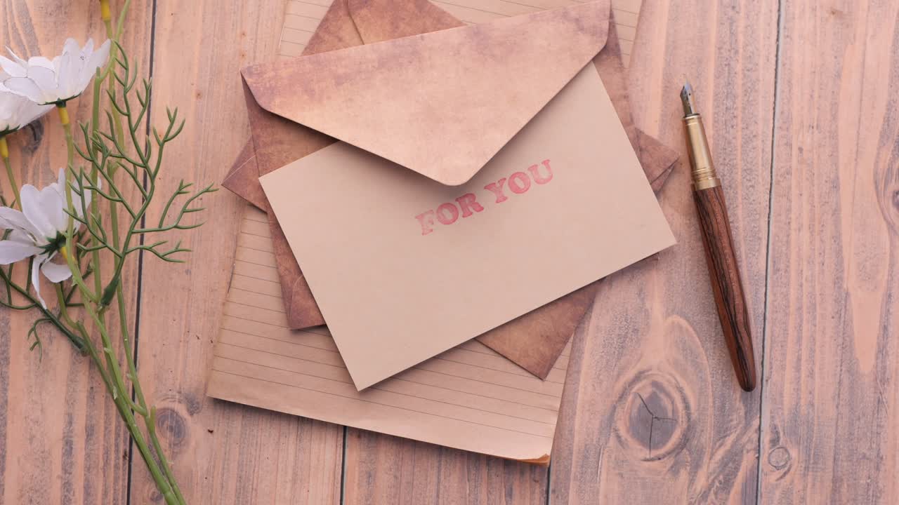 Envelope , empty paper and fountain pen on table