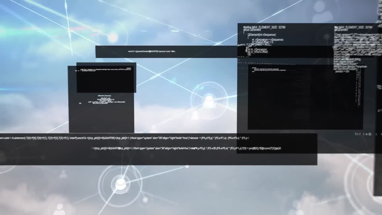 파란 구름이 가득한 하늘 위의 연결 네트워크의 애니메이션