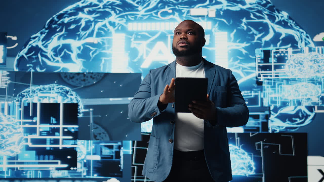 Young black technician reviews data visualization and neural networks platforms