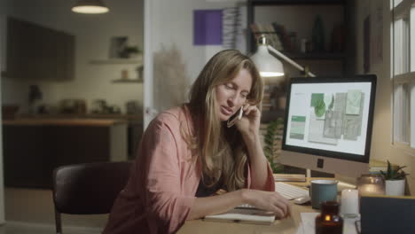 female freelancer talking on phone in evening at home