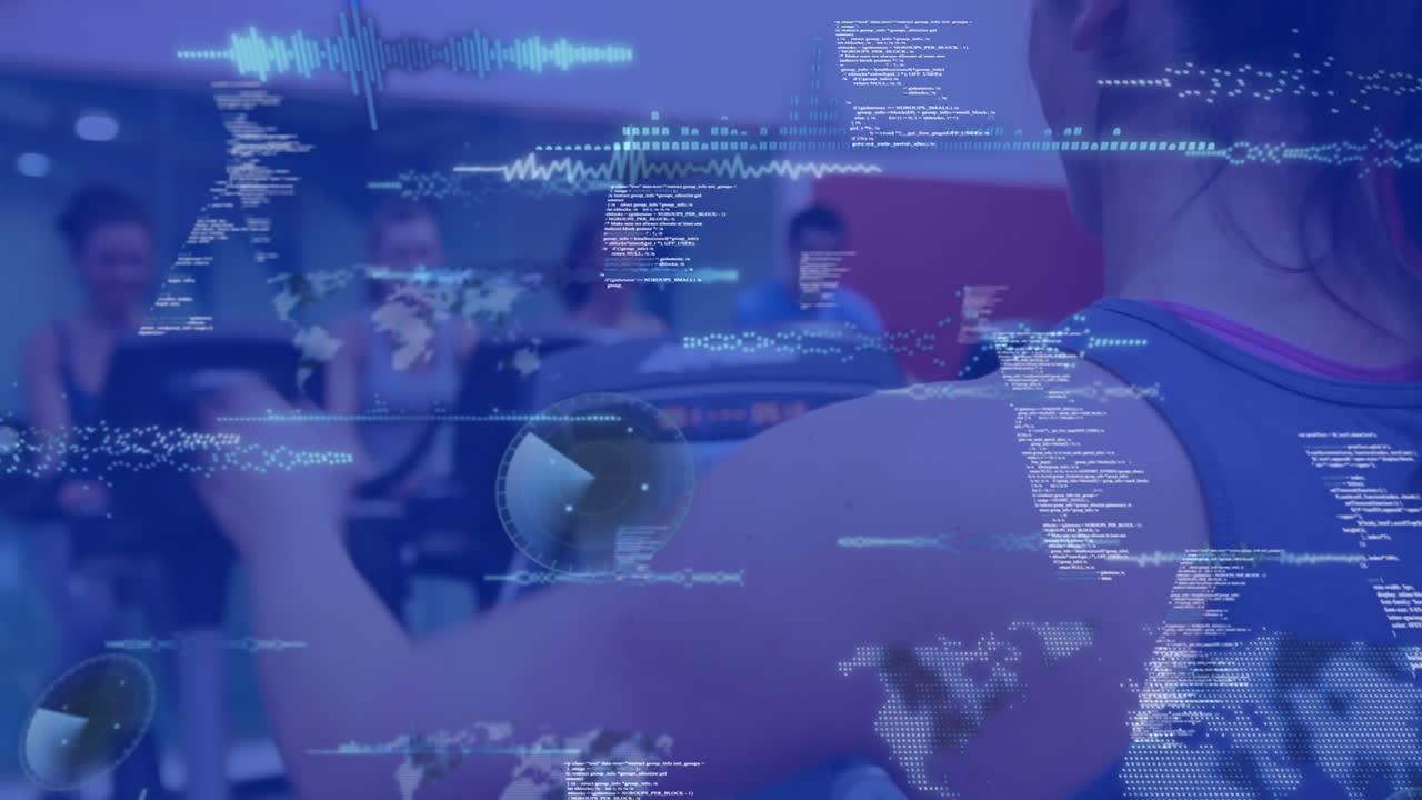 Animation of data processing over people on stationary bikes, exercising in gym