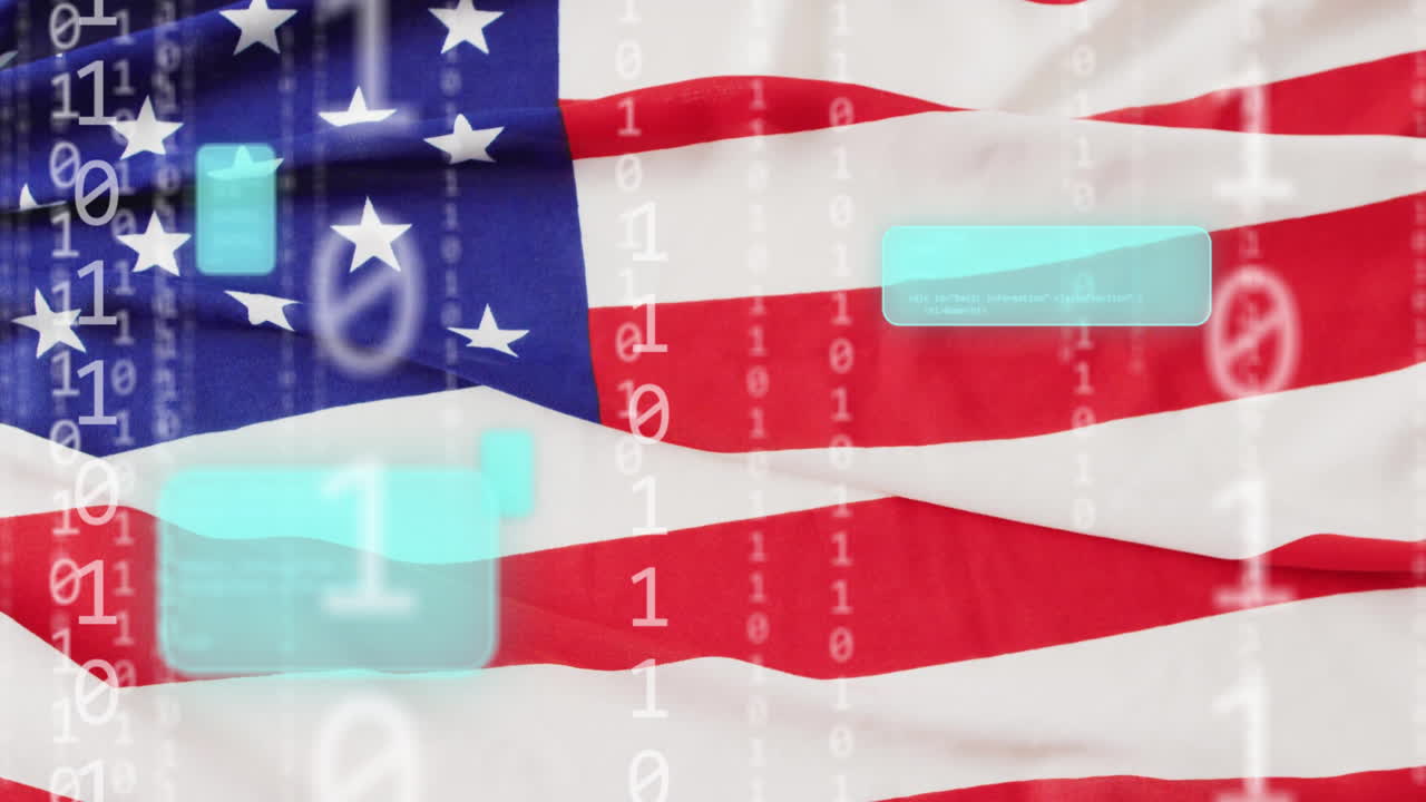 animación de código binario sobre el fondo de la bandera estadounidense, que representa la tecnología digital