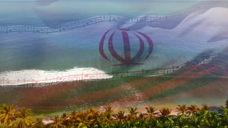 Digital-composition-of-waving-iran-flag-against-aerial-view-of-beach-and-sea-waves